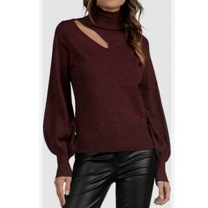 Elan Burgundy Metallic Cut Out Turtleneck Long Sleeve Sweater Knit Pullover Sz S